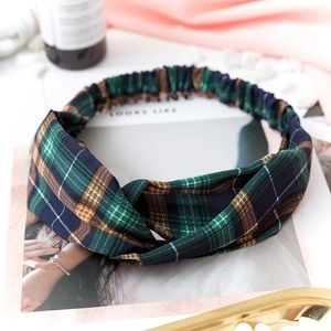 Green & Blue Plaid Cross Knot Elastic Headband